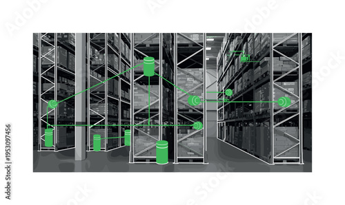 A realistic monochrome warehouse interior with shelves and pallets, combined with green cylindrical accents and diagonal lines indicating secure data flow