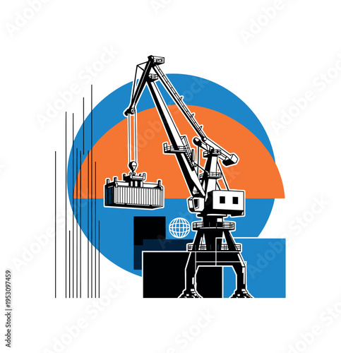 Black and white retro port crane lifting container, large blue circle intersected by orange semi-circle behind it, thin vertical lines suggesting global supply