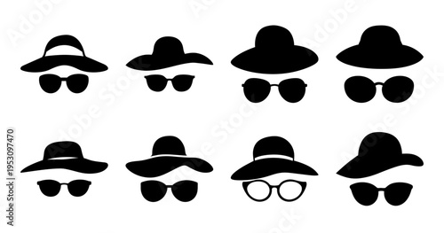 Stylish collection of hat and glasses combinations in minimalist black silhouettes