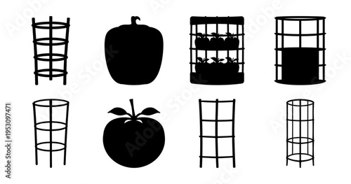 Silhouette of garden tools and produce in a vector graphic set