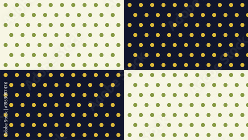 Set of four seamless vector polka dot patterns in a checkerboard layout, featuring green dots on cream and gold dots on dark blue backgrounds, ideal for textile, fabric, and digital design.