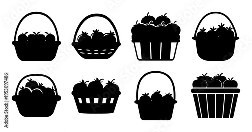Black silhouette vector illustration of baskets full of apples or other fruits