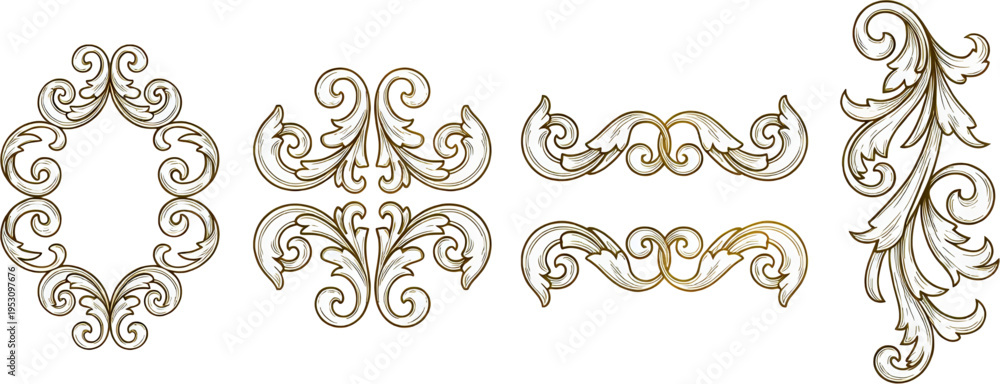 Fototapeta premium Vintage Baroque Ornamental Elements Set, Rococo Scroll Frames and Decorative Flourishes with Acanthus Leaves