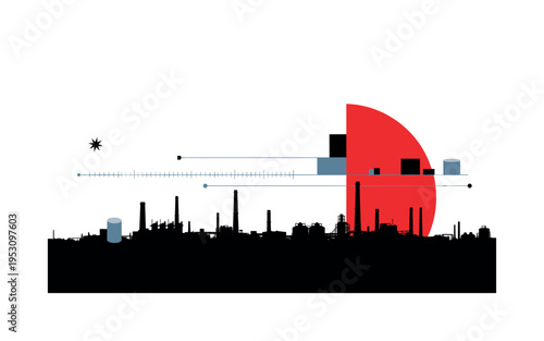 Black and white industrial factory silhouette with tall smokestacks, bold red semicircle intersecting skyline, thin horizontal timeline lines across
