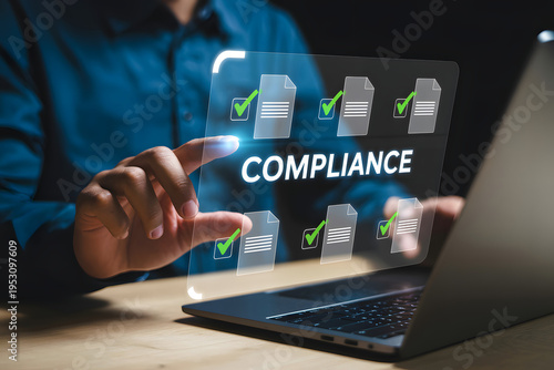 Businessman interacting with digital compliance checklist on futuristic interface concept of regulation and approval for business.