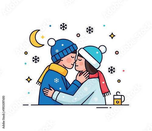 Snowy midnight embrace two figures kissing softly with small snowflake accents falling around. A cozy winter micro scene expressing warmth and affection during