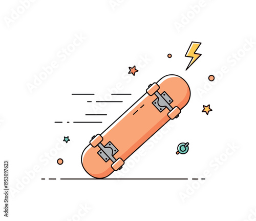 Skate park vibe skateboard angled diagonally with subtle motion lines and small lightning icon nearby. A compact editorial illustration about movement,
