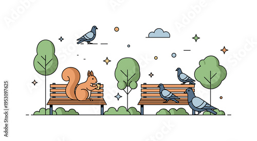 Urban fauna with a squirrel and pigeons around a city park, interacting with benches and trees, highlighting wildlife adapting to human environments.