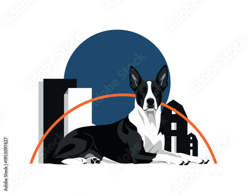 Black and white farm dog lying down but alert with head raised, oversized navy circle dominating upper composition, thin orange arc echoing the curve of the