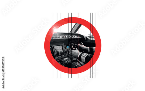 Close-up monochrome cockpit controls with pilot hand visible, framed by a bold red circle and thin vertical structural lines, intense flash of light reflecting