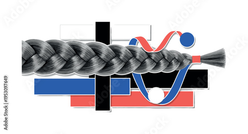 A monochrome braid transforming into abstract geometric ribbons and semicircles, flat rectangular blocks intersecting the strands for contrast, balanced