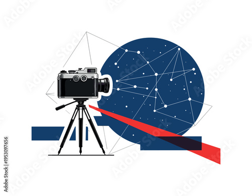 Black and white retro camera on a tripod pointed toward a star-filled sky, bold deep blue circle behind the camera symbolizing night sky, thin white
