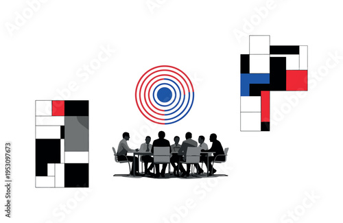 Black and white office scene with employees of varied silhouettes seated around a table, concentric circular graphics centered above symbolizing inclusive