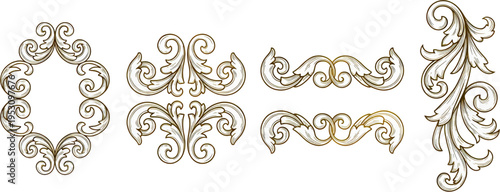Vintage Baroque Ornamental Elements Set, Rococo Scroll Frames and Decorative Flourishes with Acanthus Leaves