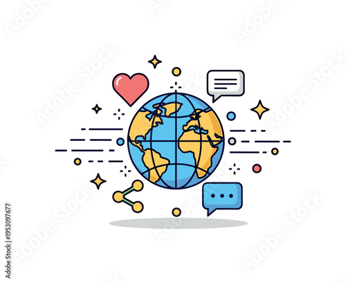 Social media influence around the world represented by a globe icon surrounded by heart, share and chat symbols. Light motion curves and decorative dots