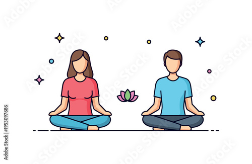 Mindful connection ritual couple seated cross legged facing each other with small lotus icon between them, suggesting meditation and emotional harmony. A