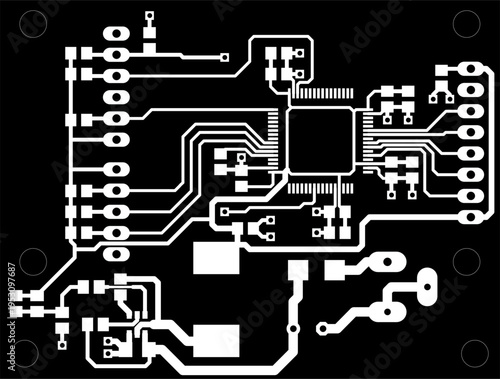Tracing conductors of printed circuit board
of electronic device. Vector engineering 
drawing of pcb design. Electric background.
Computer technic cad project.
