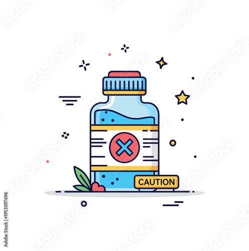 Poison safety label illustration centered on a sealed bottle with a bold cross mark and minimal caution accents, communicating restriction and secure storage.