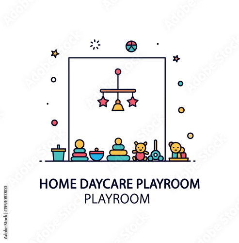 Home daycare playroom badge featuring a simple room outline with toys arranged inside, symbolizing safe supervised activity and nurturing environment. The