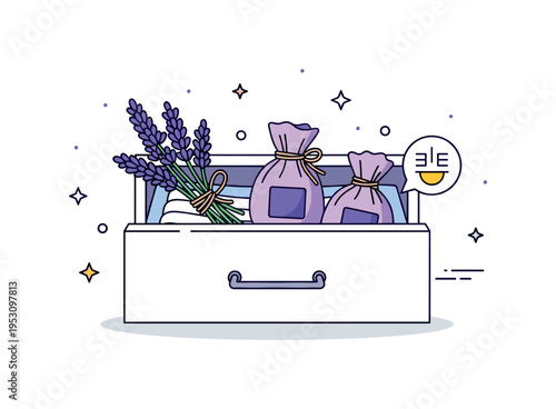 Lavender sachets tied with twine and placed in a linen drawer, suggesting a subtle and soothing aroma for daily relaxation at home. Minimalist flat vector
