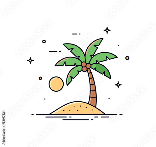 Palm tree on beach scene single palm leaning gently over a small sand mound with a simple sun circle behind it. A concise visual metaphor for summer escape and