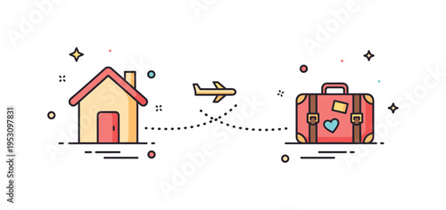 Visiting a family member who lives far away illustrated through a small house icon connected by a dotted travel line to a suitcase, symbolizing distance