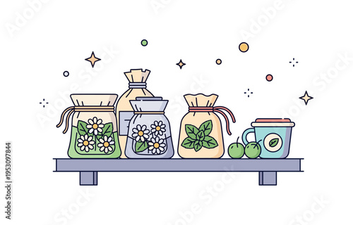 Soft pastel sachets filled with chamomile and mint displayed on a shelf, radiating a gentle, refreshing, and natural home fragrance vibe. Minimalist flat