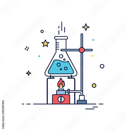 Controlled reaction setup small burner beneath a flask with gentle flame accent and liquid bubbling inside, symbolizing active experimentation. A bold concept