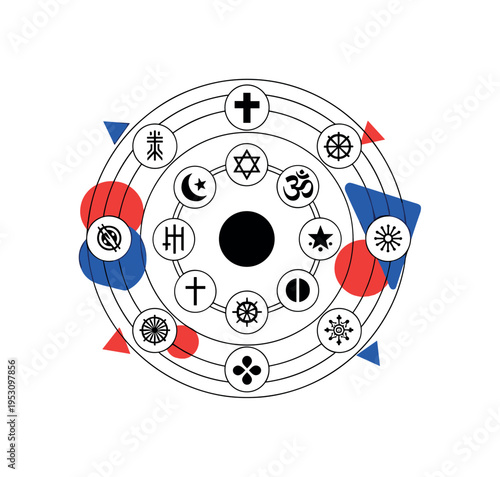 Black and white circle composed of simplified religious symbols arranged evenly, concentric rings reinforcing equality and unity, flat cobalt blue and vivid