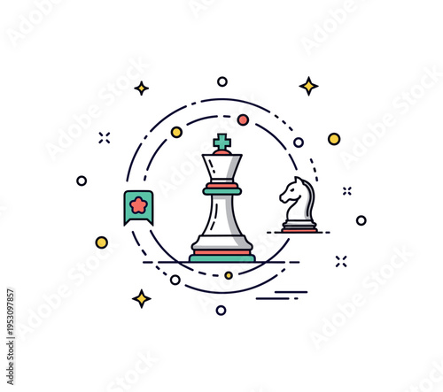 Strategic thinking development concept centered on a chess king piece surrounded by subtle path lines, expressing foresight, planning, and mental agility. The