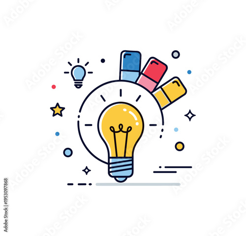 Creative branding workshop scene with a central lightbulb icon integrated into a logo shape and small color swatches nearby, symbolizing innovation and idea
