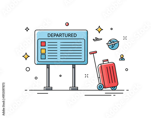 Airport traveler moment featuring a simplified departure board and rolling suitcase icon, capturing transition and anticipation. The illustration conveys