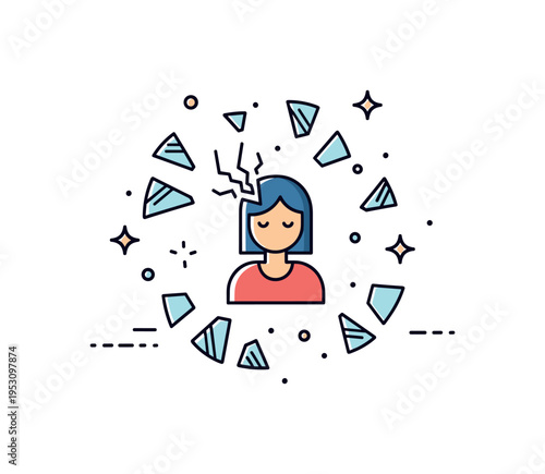 Identity breakdown shattered mirror shards forming a compact circle around a distorted portrait symbolizing personal crisis. The minimal scene