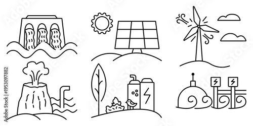 Renewable energy black line icon set, editable stroke signs. Hydropower, solar energy, wind power, geothermal energy, bioenergy, tidal and wave power. Outline net zero vector isolated symbols