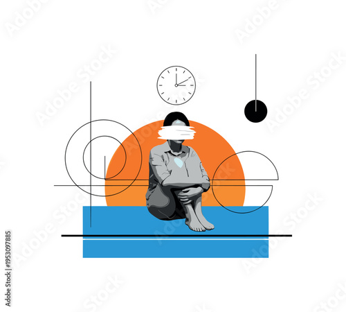 Black and white retro-style photograph of a curled up figure with face hidden, bright blue rectangular block beneath as foundation, orange semicircle rising