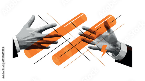 Close-up black and white hands in mid-gesture during a discussion, overlaid with orange cylindrical shapes and diagonal lines suggesting emotional intensity,