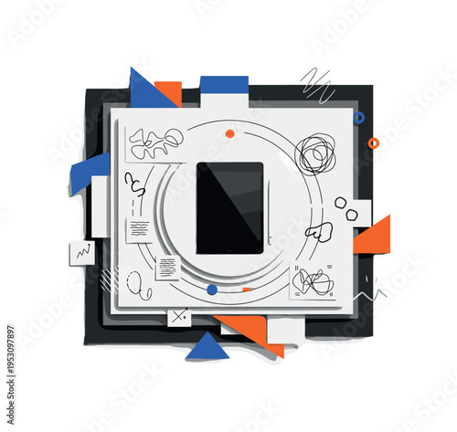Black and white overhead desk view with tablet, stylus and scattered sketch elements, structured rectangular blocks and concentric rings organizing workspace,