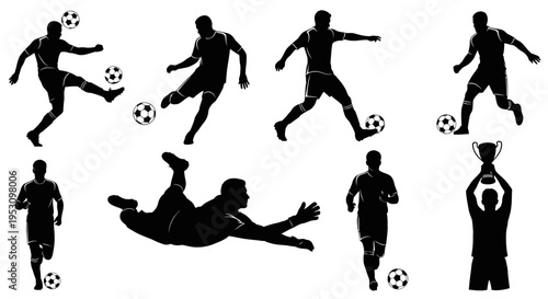 football players in action silhouettes kicking dribbling a diving goalkeeper and a champion with a trophy.