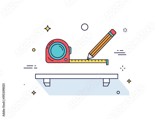 Measuring and alignment theme centered on a tape measure and pencil marking a wall above a subtle shelf outline, symbolizing preparation and accurate