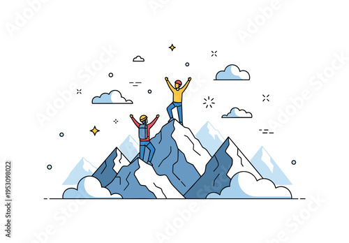 Climbers reaching the summit of a mountain range celebrating with raised arms, clouds and distant peaks surrounding them, expressing achievement and adventure.