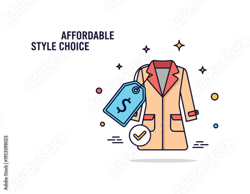 Affordable style choice centered on a price tag icon attached to a stylish coat, with a small checkmark reinforcing smart budgeting and value. The compact