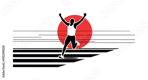Black and white runner captured mid-stride during a victory lap, arms raised in celebration, bold red geometric circle behind symbolizing triumph, thin