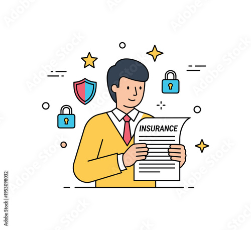 Person reviewing insurance papers with small stars and lock icons, highlighting liability, protection, and accountability in legal and financial contexts.
