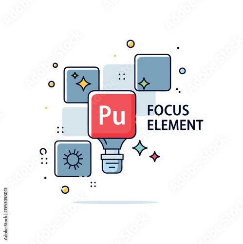 Highlighted chemical element focus centered on one bold tile standing out among muted surrounding squares. Small sparkle accents and a ?Focus Element? text