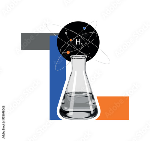 A black and white realistic glass laboratory flask filled with clear liquid, bold geometric circle representing a hydrogen atom hovering above it, thin orbital