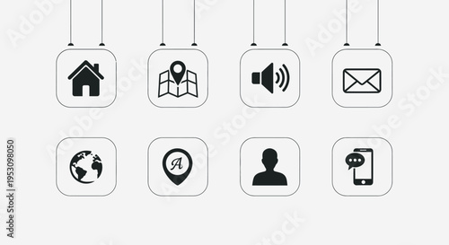 minimalist digital icons for modern web and mobile apps representing communication navigation home and user functions in a clean style.