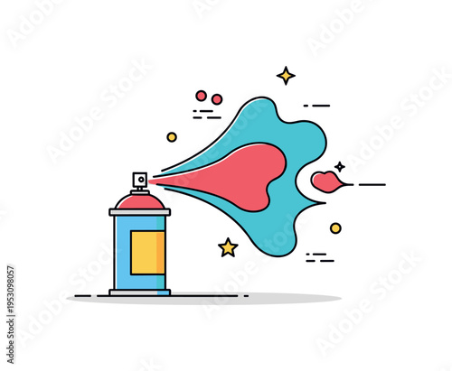 Street art mural concept centered on a bold spray paint can with a vibrant abstract shape expanding outward, symbolizing creative freedom and urban expression.