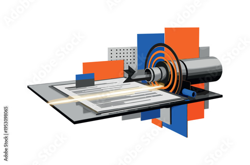 Black and white glowing scan line moving across a document on glass, concentric rings and cylindrical forms symbolizing data transfer, vivid orange and cobalt