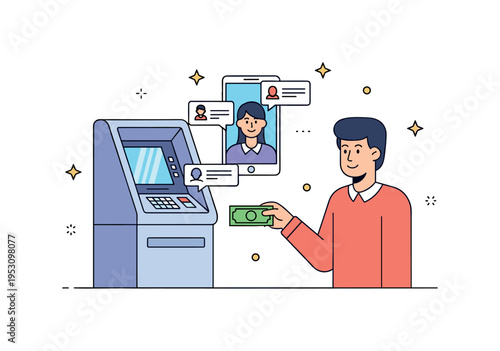 ATM machine with a smiling person receiving cash while digital notifications pop up on their phone, highlighting modern, connected banking. Minimalist flat