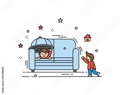 Indoor hide and seek concept showing a simple sofa silhouette with a child peeking out and another searching nearby, expressing creativity and home playtime